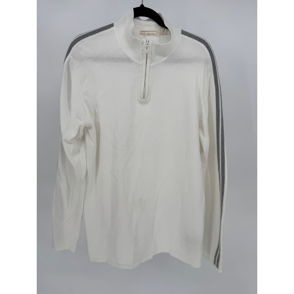 DKNY Jeans Mens White Quarter Zip‎ Cotton Sweater Grey Sleeve Stripe Mock Neck